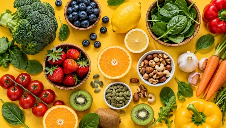 Voće, povrće, orašasti plodovi i semenke na žutoj podlozi kao izvori vitamina i minerala za imunitet.